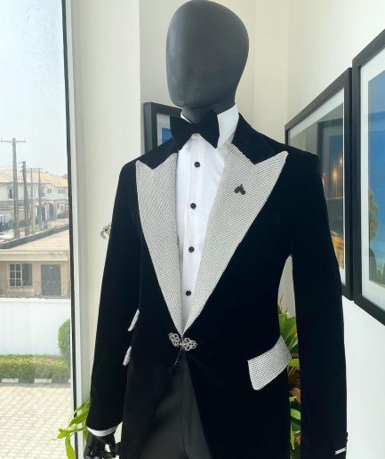 The “Jackson”, Charcoal black, Clear Crystal Trim Bling Layered Peak Lapel Tuxedo Suit