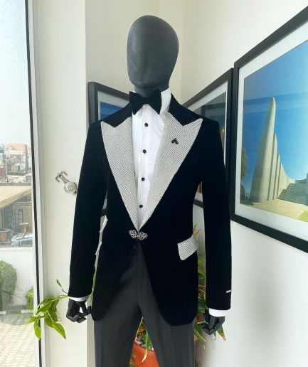 The “Jackson”, Charcoal black, Clear Crystal Trim Bling Layered Peak Lapel Tuxedo Suit