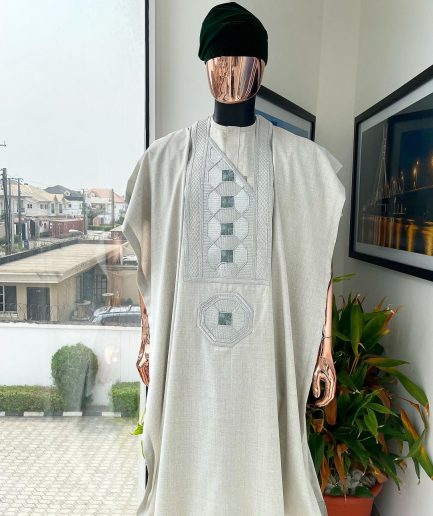 A Pearl ivory, interwoven octagon embroidery design agbada