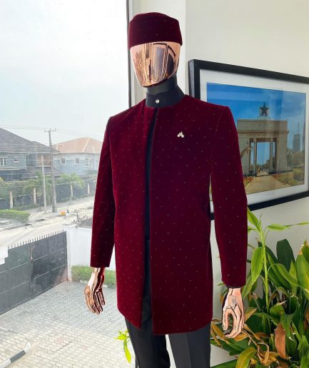 A “Justin” mahogany red soaked Italian velvet Ceremonial suktan with black Swarovski stone detailing