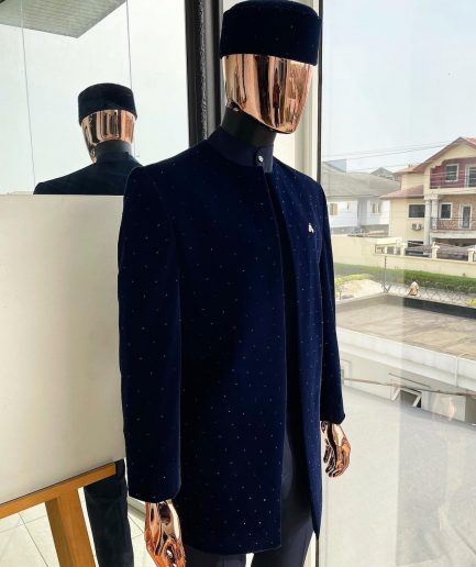 A “Justin” midnight blue soaked Italian velvet Ceremonial sultan with black Swarovski stone detailing