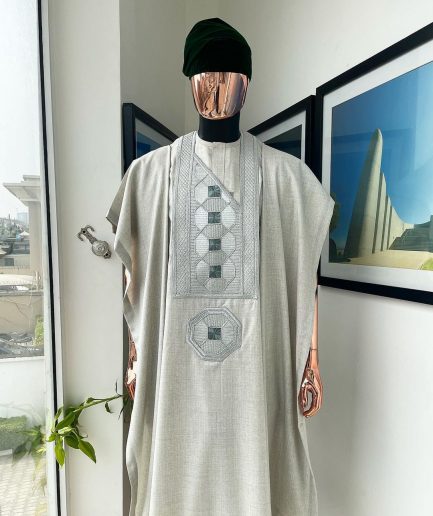 A Pearl ivory, interwoven octagon embroidery design agbada