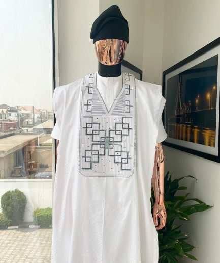 A White Precision Dropping Connected Square Embroidery Agbada