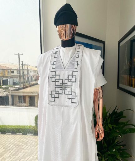 A White Precision Dropping Connected Square Embroidery Agbada
