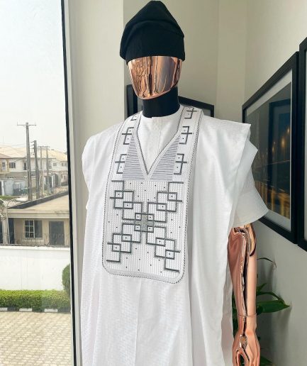 A White Precision Dropping Connected Square Embroidery Agbada