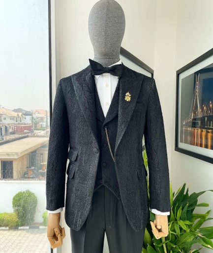 A Charcoal Black, peak lapel, dispersed ruffle jacquard suit
