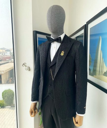 A Charcoal Black, peak lapel, dispersed ruffle jacquard suit