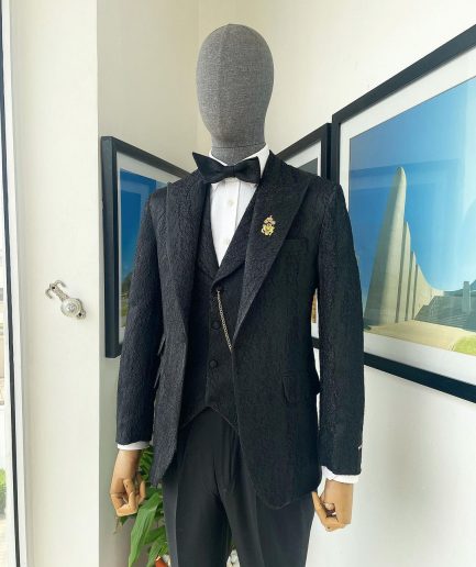 A Charcoal Black, peak lapel, dispersed ruffle jacquard suit