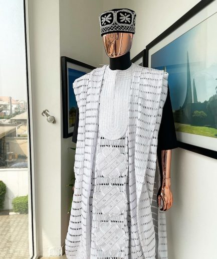 A White Dropping Line Weaving Design Embroidery Agbada