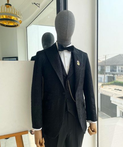 A Charcoal Black, peak lapel, dispersed ruffle jacquard suit