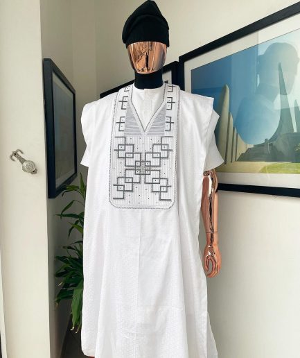 A White Precision Dropping Connected Square Embroidery Agbada