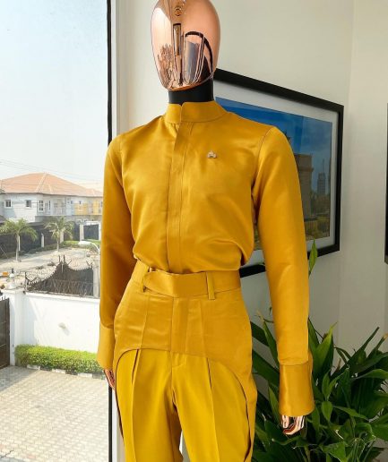 A monochrome Yellow  “Made in Lagos” bishop neck shirt