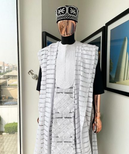 A White Dropping Line Weaving Design Embroidery Agbada