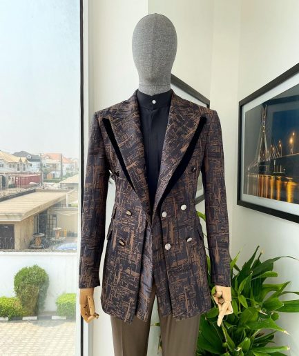 A “Made In Lagos”, Quad peak lapel, triple breasted metallic jacquard blazer suit