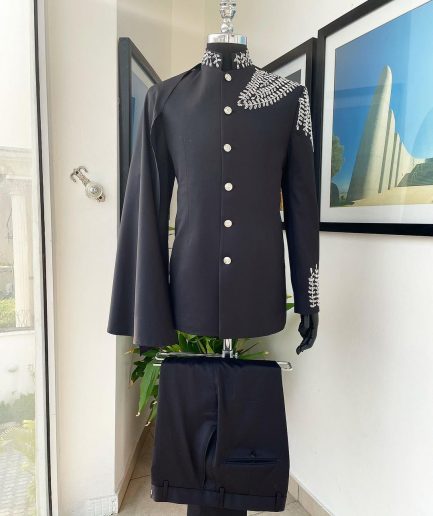 A Charcoal black, hand “Ide” silver metal wire embrodery, right-hand sache safari suit