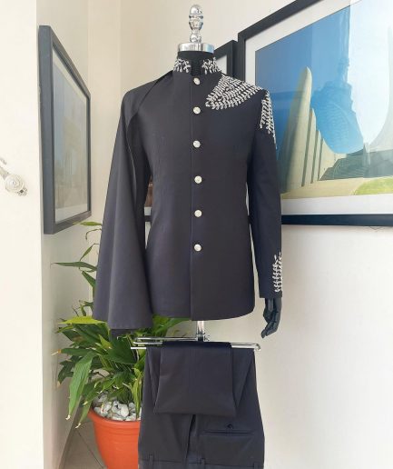 A Charcoal black, hand “Ide” silver metal wire embrodery, right-hand sache safari suit