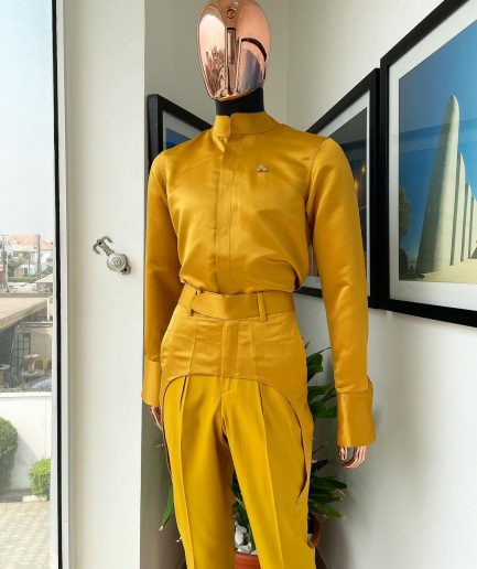 A monochrome Yellow  “Made in Lagos” bishop neck shirt