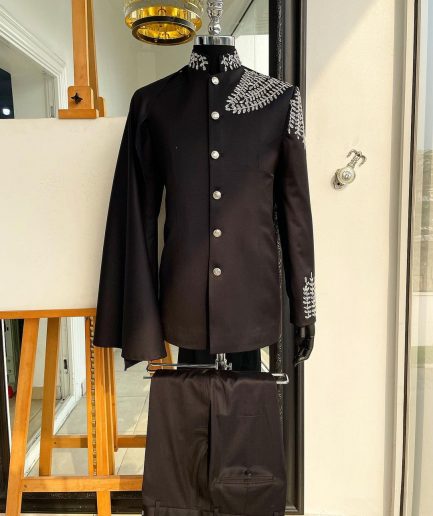 A Charcoal black, hand “Ide” silver metal wire embrodery, right-hand sache safari suit