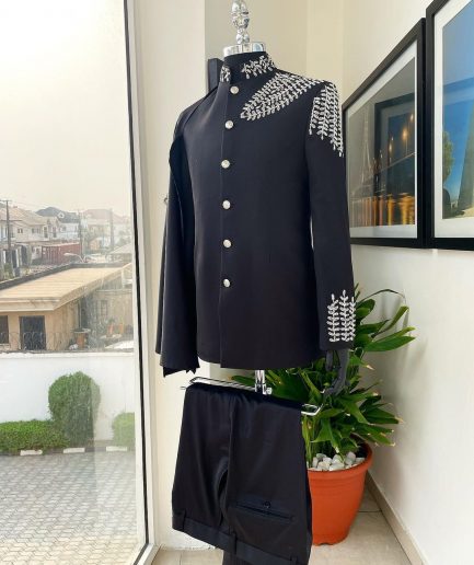A Charcoal black, hand “Ide” silver metal wire embrodery, right-hand sache safari suit