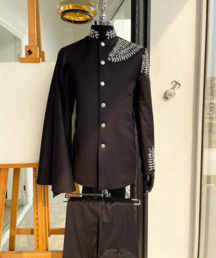 A Charcoal black, hand “Ide” silver metal wire embrodery, right-hand sache safari suit