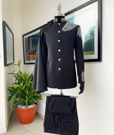 A Charcoal black, hand “Ide” silver metal wire embrodery, right-hand sache safari suit