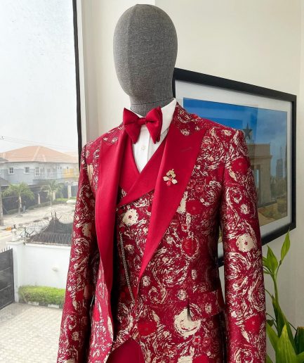 A Candy red & splash of silver, peak lapel stratocumulus patterned jacquard suit