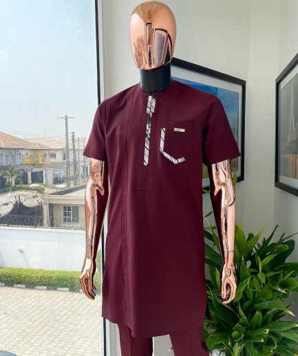 A mulberry burgundy, sport theme paisley flap & layered pocket detailing african traditional senator kaftan native.