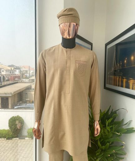 A tortilla brown, front flap, and ruffle pocket detail African traditional senator kaftan native