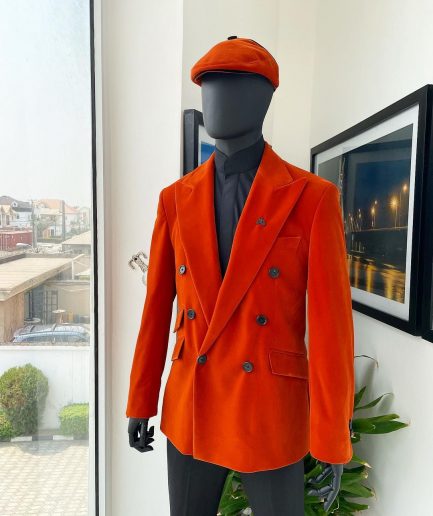 A vermillion Orange, soaked Italian velvet, double breasted, Lower Cut suit