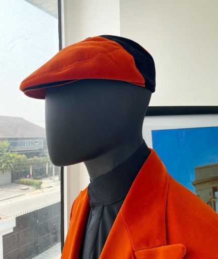 A vermillion Orange, soaked Italian velvet, double breasted, Lower Cut suit