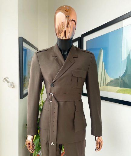 A monochrome “06-06-1944 - D-Day” Coffee brown, notch lapel, 2 button combat wrap suit
