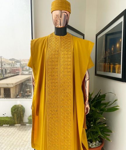 A Gold Yellow, Connected Square Embroidery Design with Matching Gold Swarovski Stone Details Agbada