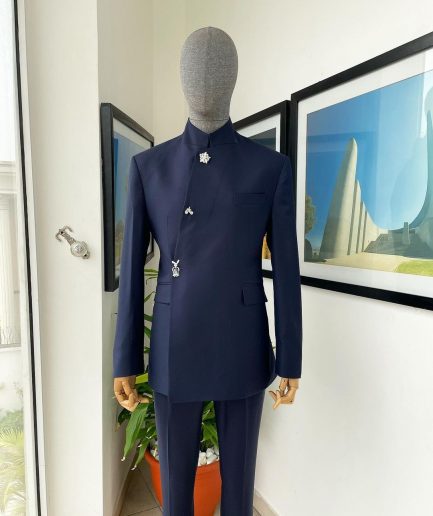 A Navy blue “parabellum”, wrap notch lapel blazer suit