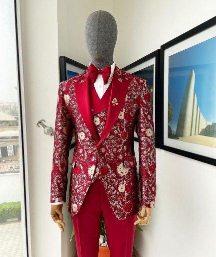 A Candy red & splash of silver, peak lapel stratocumulus patterned jacquard suit