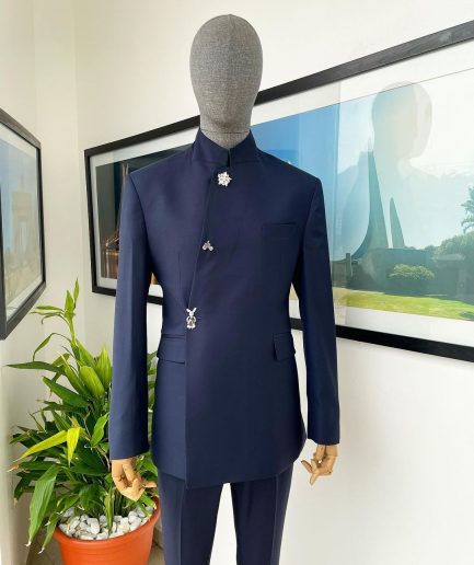 A Navy blue “parabellum”, wrap notch lapel blazer suit