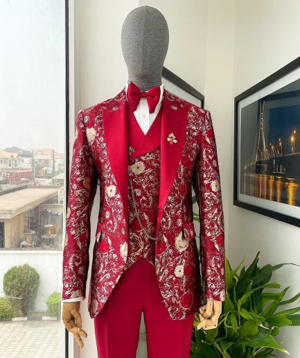 A Candy red & splash of silver, peak lapel stratocumulus patterned jacquard suit