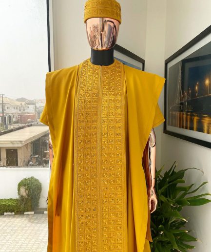 A Gold Yellow, Connected Square Embroidery Design with Matching Gold Swarovski Stone Details Agbada