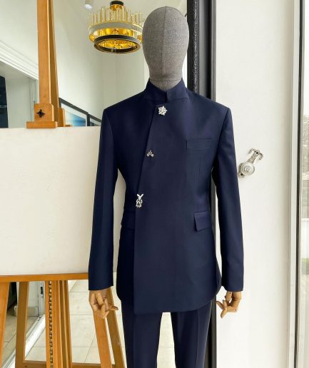 A Navy blue “parabellum”, wrap notch lapel blazer suit