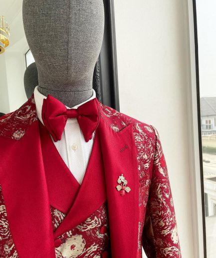 A Candy red & splash of silver, peak lapel stratocumulus patterned jacquard suit
