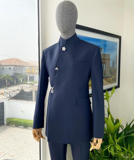 A Navy blue “parabellum”, wrap notch lapel blazer suit