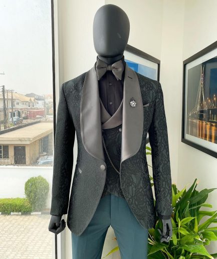A “spirogyra” patterned, phthalo green shawl lapel metallic jacquard suit