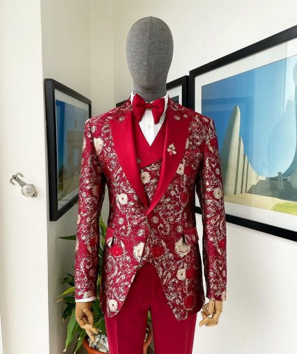 A Candy red & splash of silver, peak lapel stratocumulus patterned jacquard suit