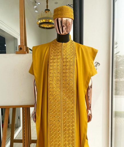 A Gold Yellow, Connected Square Embroidery Design with Matching Gold Swarovski Stone Details Agbada