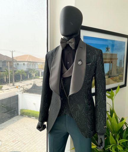 A “spirogyra” patterned, phthalo green shawl lapel metallic jacquard suit