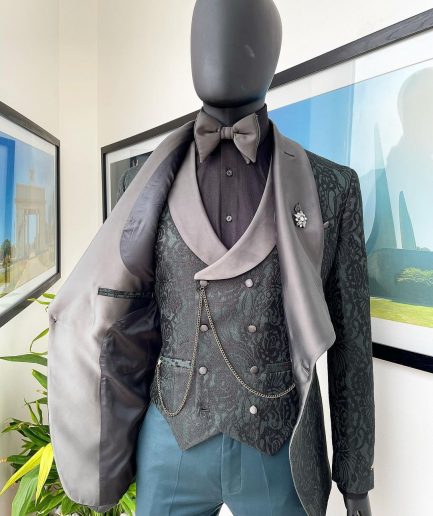 A “spirogyra” patterned, phthalo green shawl lapel metallic jacquard suit