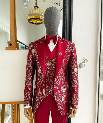 A Candy red & splash of silver, peak lapel stratocumulus patterned jacquard suit