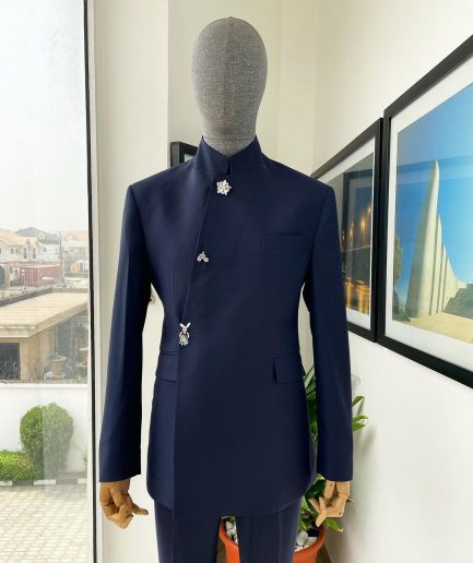 A Navy blue “parabellum”, wrap notch lapel blazer suit