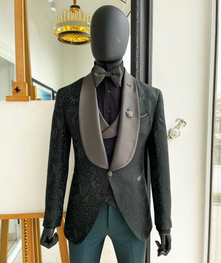 A “spirogyra” patterned, phthalo green shawl lapel metallic jacquard suit