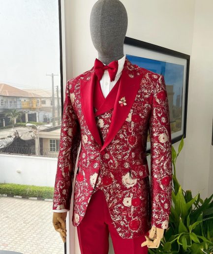 A Candy red & splash of silver, peak lapel stratocumulus patterned jacquard suit