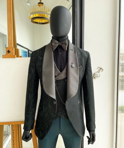 A “spirogyra” patterned, phthalo green shawl lapel metallic jacquard suit